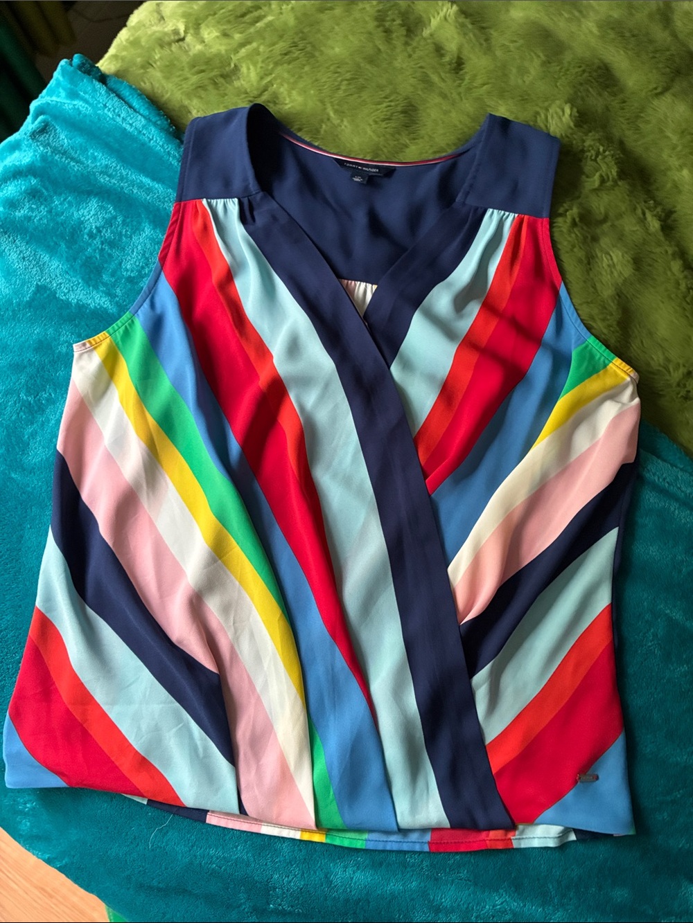 Tommy Hilfiger Multicolor Striped Sleeveless V-Neck Top - Navy Trim